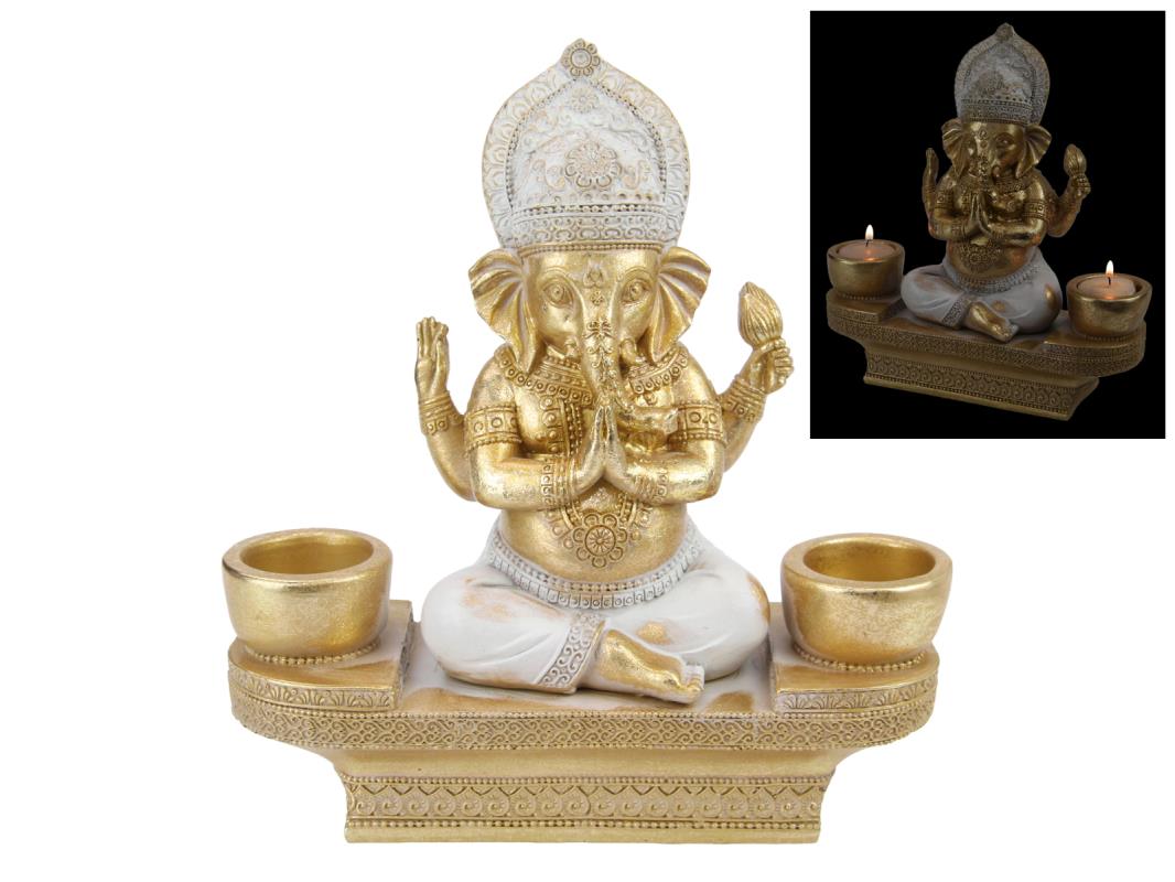 23cm Sitting Ganesh On Base With Twin Tea Light Holders