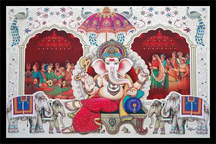 Ganesh Wall Painting  with Crystal-Embedded High Gloss Wooden Frame
