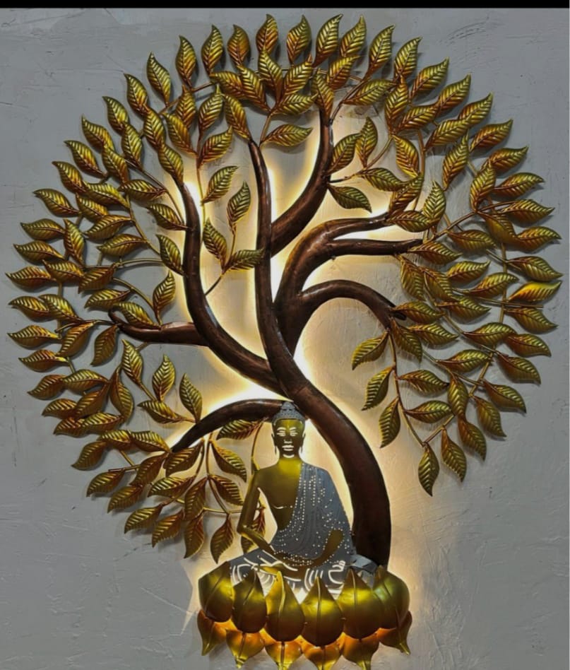 95cm Meditating Buddha Under Bodhi Tree Metal Wall Art Led Backlight