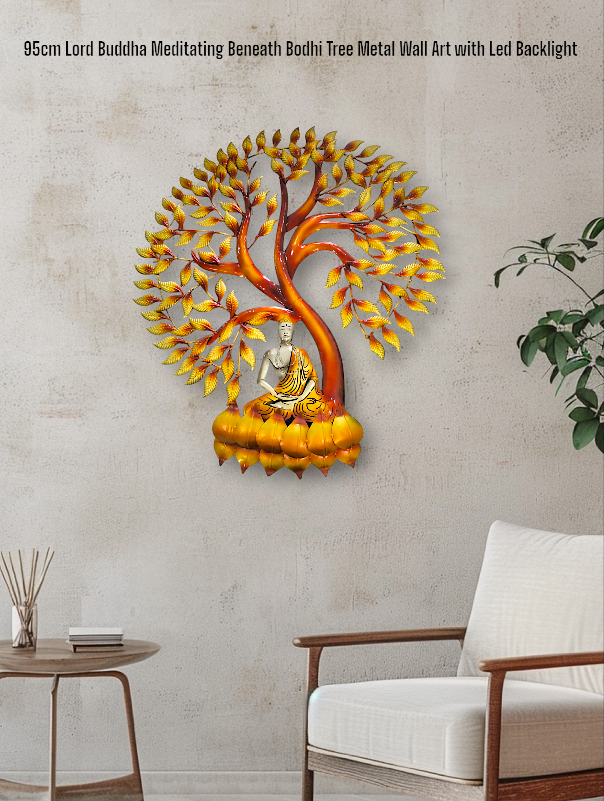 95cm Meditating Buddha Under Bodhi Tree Metal Wall Art Led Backlight