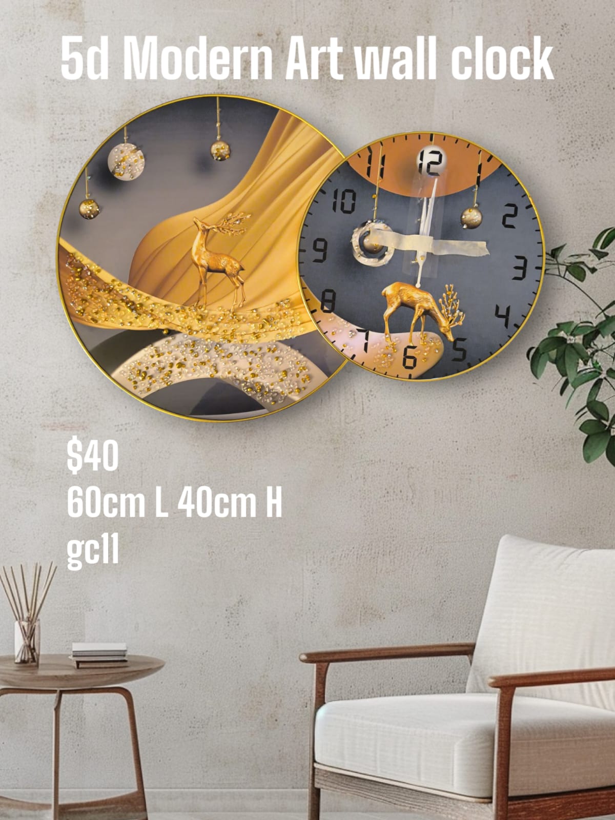 Round Modern Art with Deer – 5D Crystal Art Wall Clock