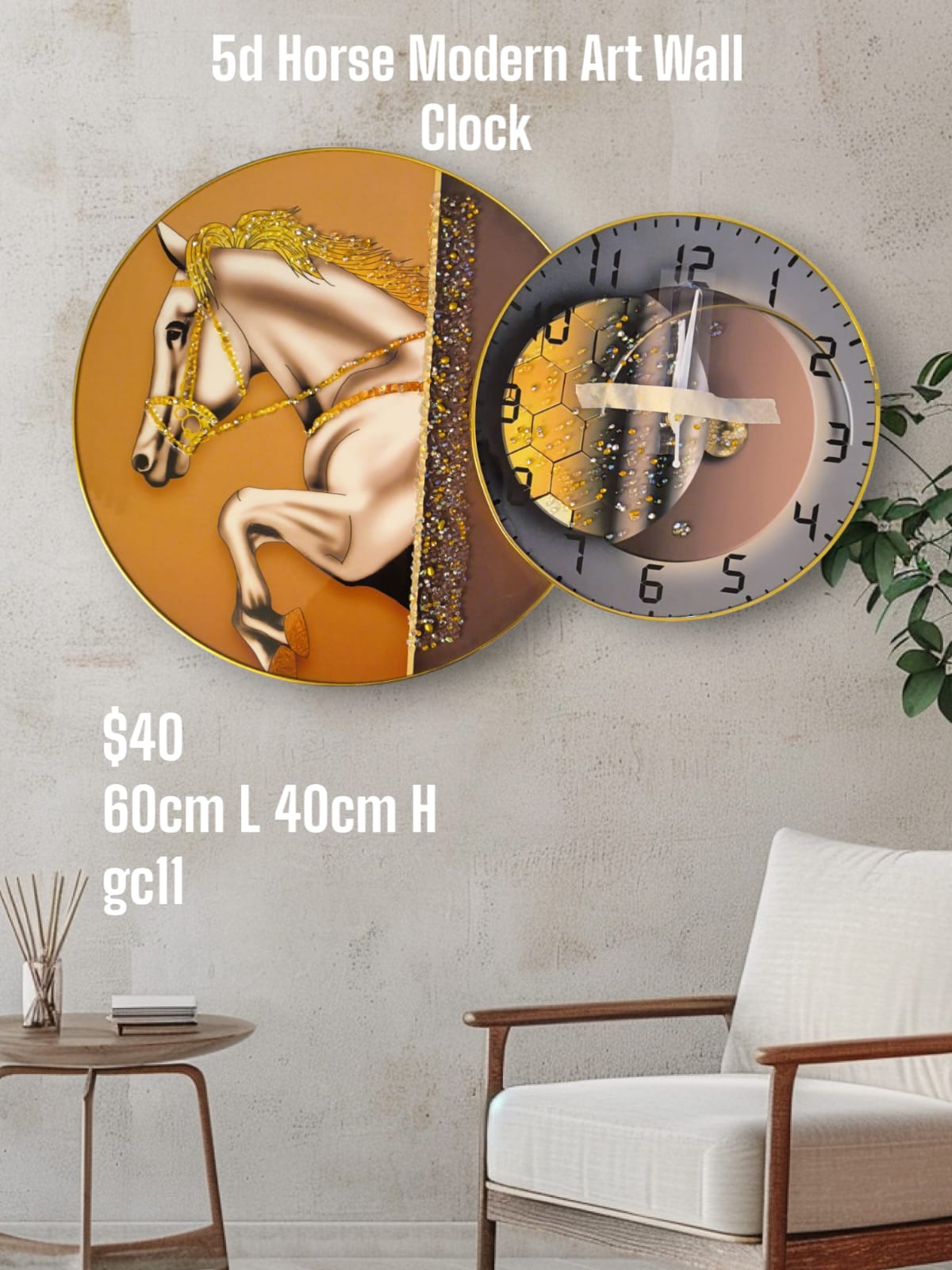 Round Modern Art with Horse – 5D Crystal Art Wall Clock