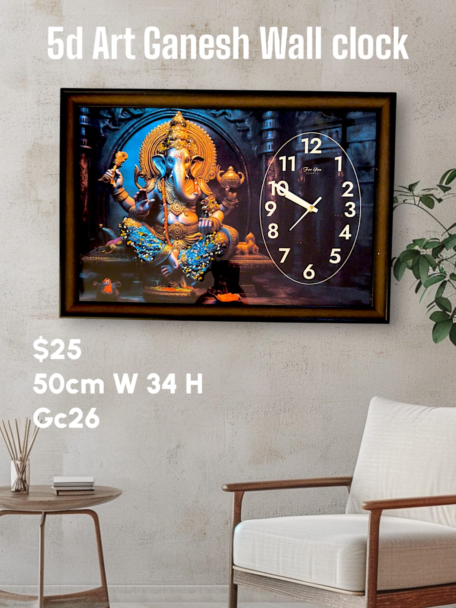 Ganeshji Wall Clock 50cm 5d Crystal Art