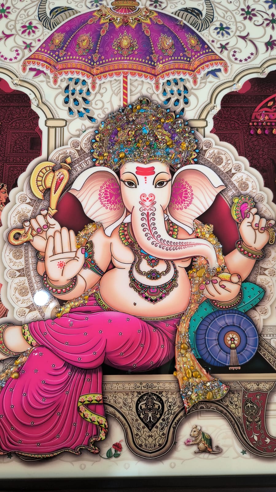 Ganesh Wall Painting  with Crystal-Embedded High Gloss Wooden Frame