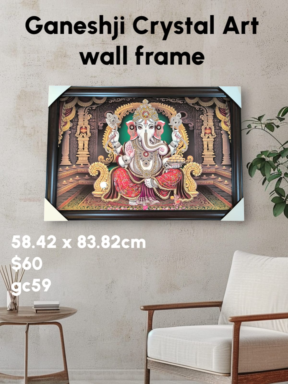 Ganesh Wall Painting  with Crystal-Embedded High Gloss Wooden Frame