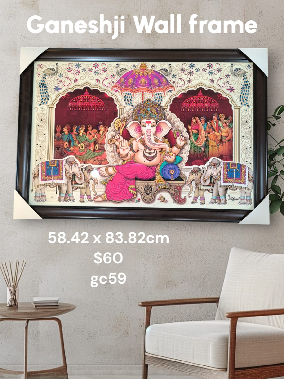 Ganesh Wall Painting  with Crystal-Embedded High Gloss Wooden Frame