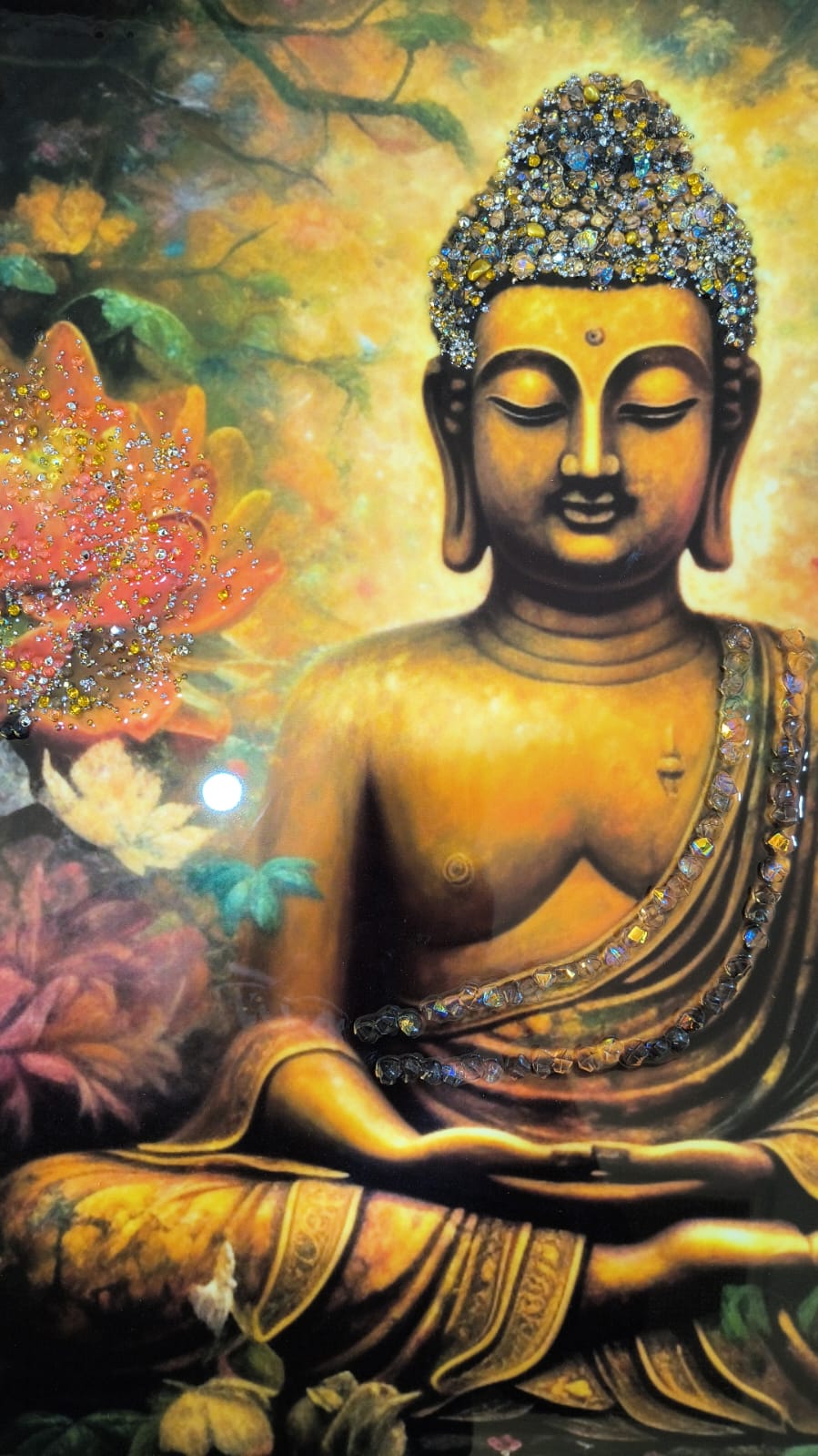 Seating Buddha Wall Painting Crystal-Embedded | High Gloss Surface | Gold Slim Embossed Frame
