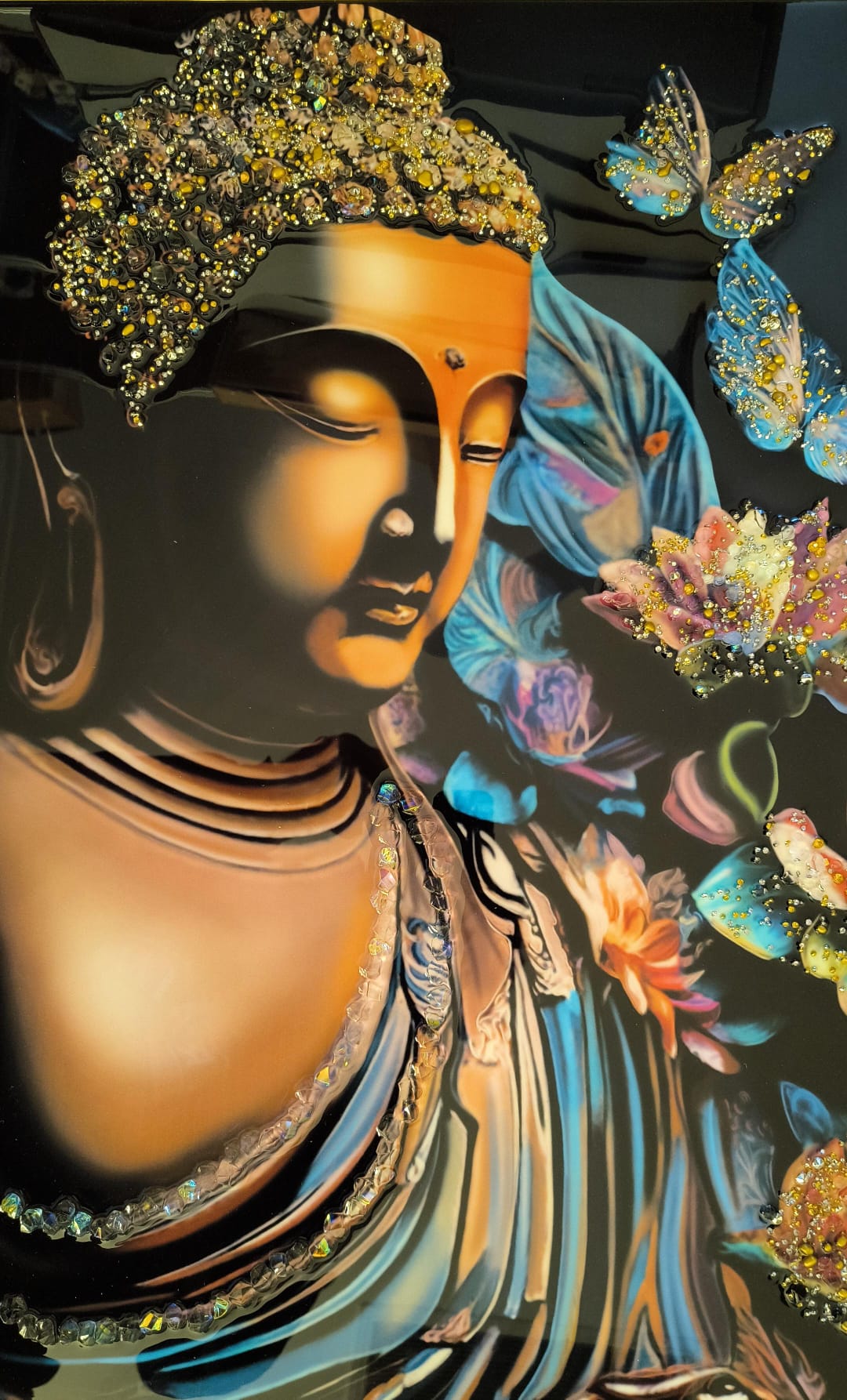 Seating Buddha Wall Painting Crystal-Embedded Gold Slim Embossed Frame