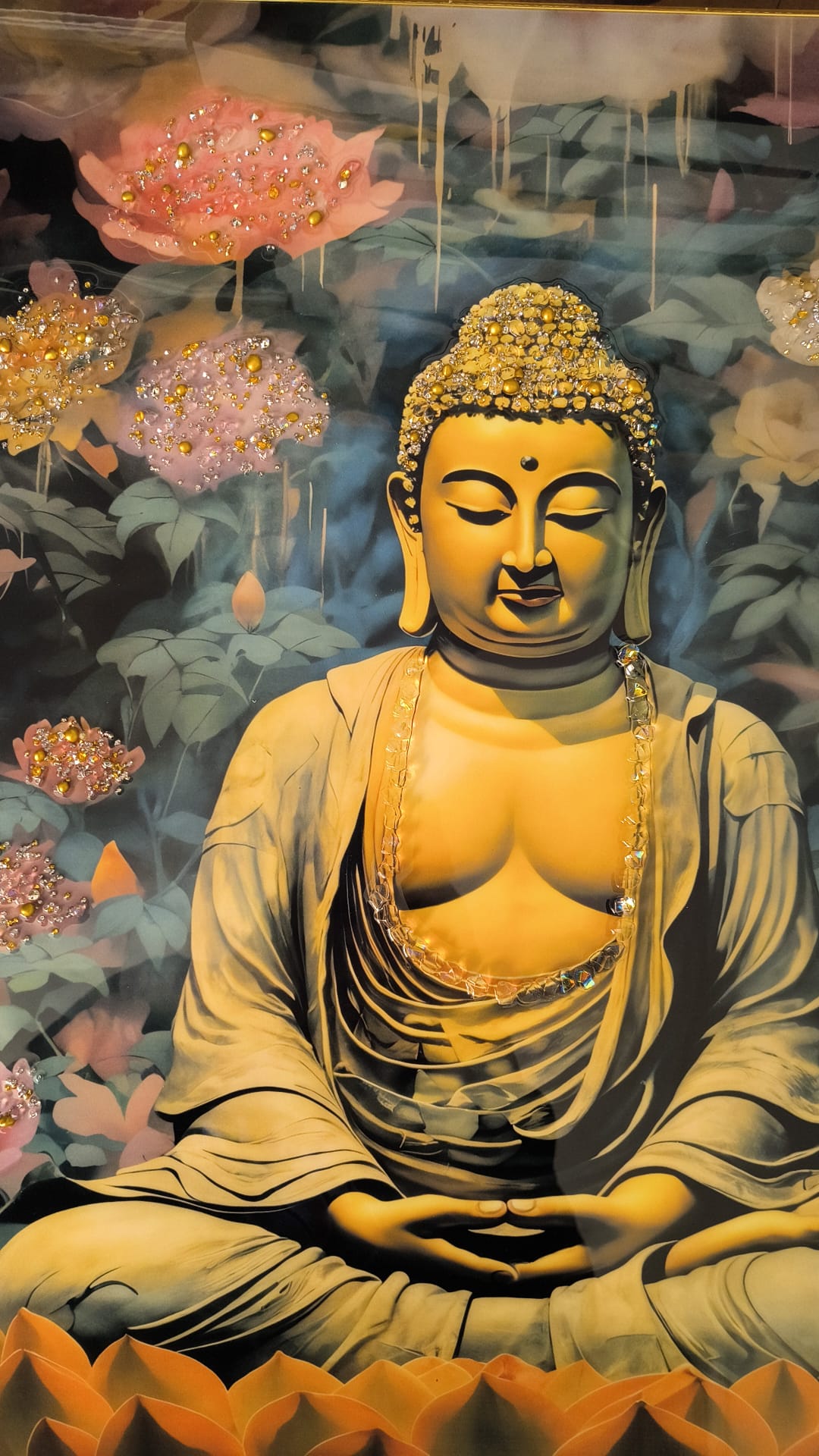 Buddha Wall Painting Crystal-Embedded Gold Slim Embossed Frame