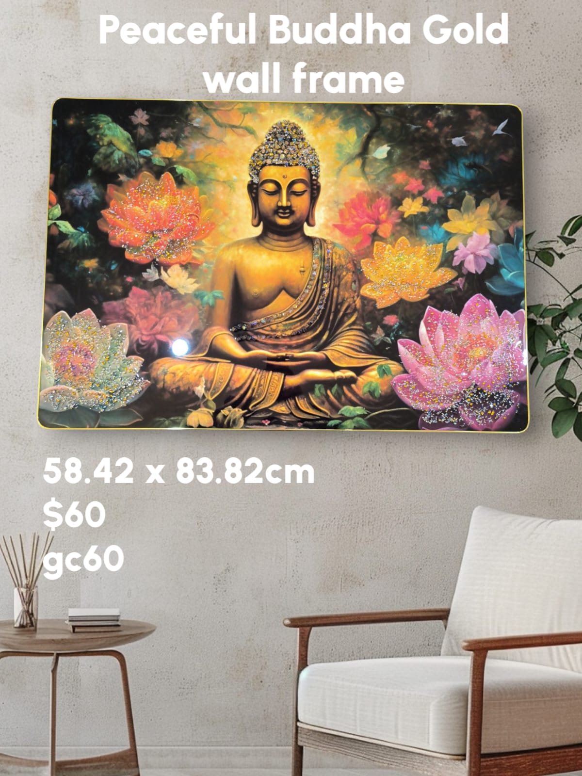 Seating Buddha Wall Painting Crystal-Embedded | High Gloss Surface | Gold Slim Embossed Frame