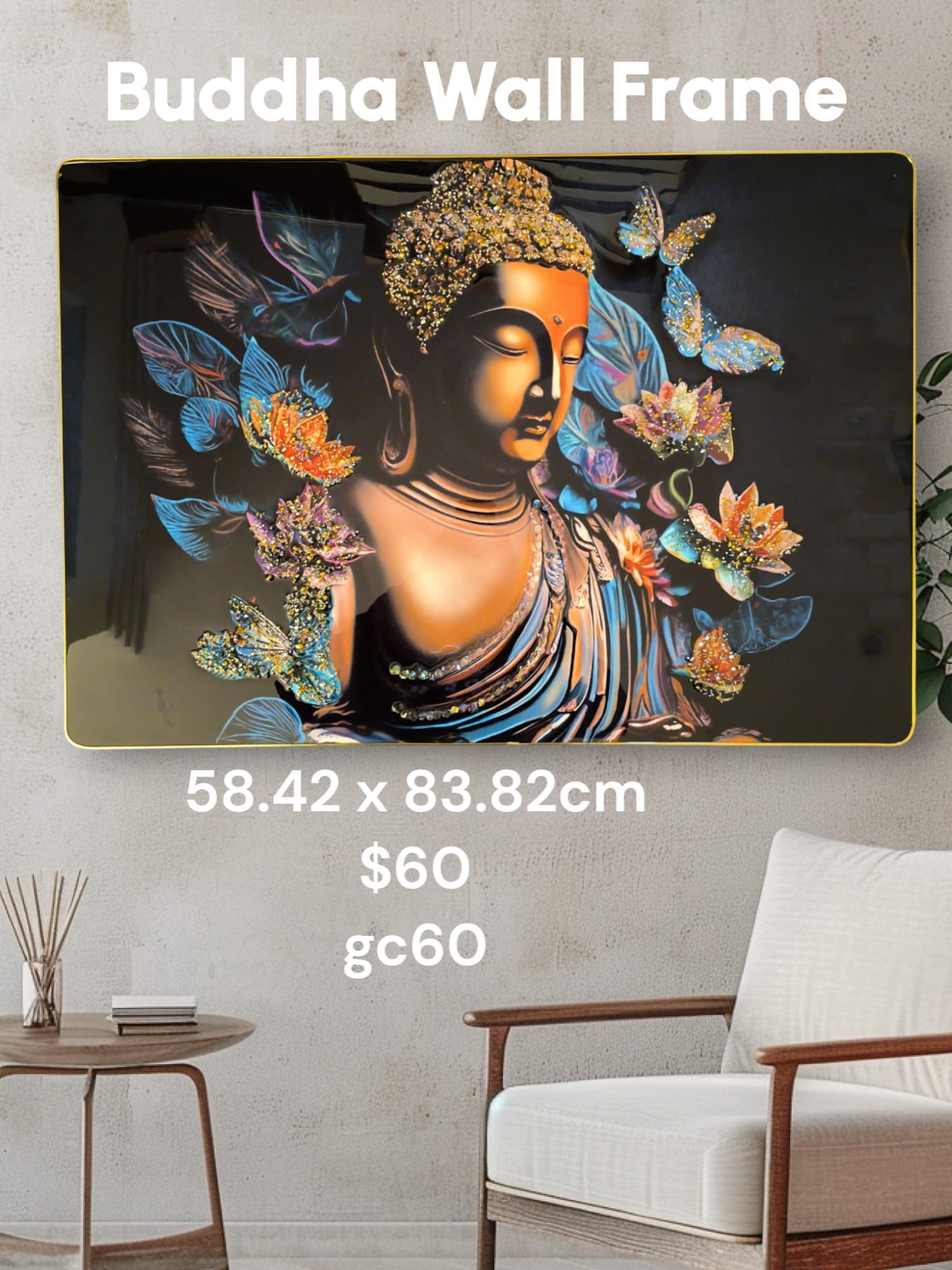 Seating Buddha Wall Painting Crystal-Embedded Gold Slim Embossed Frame