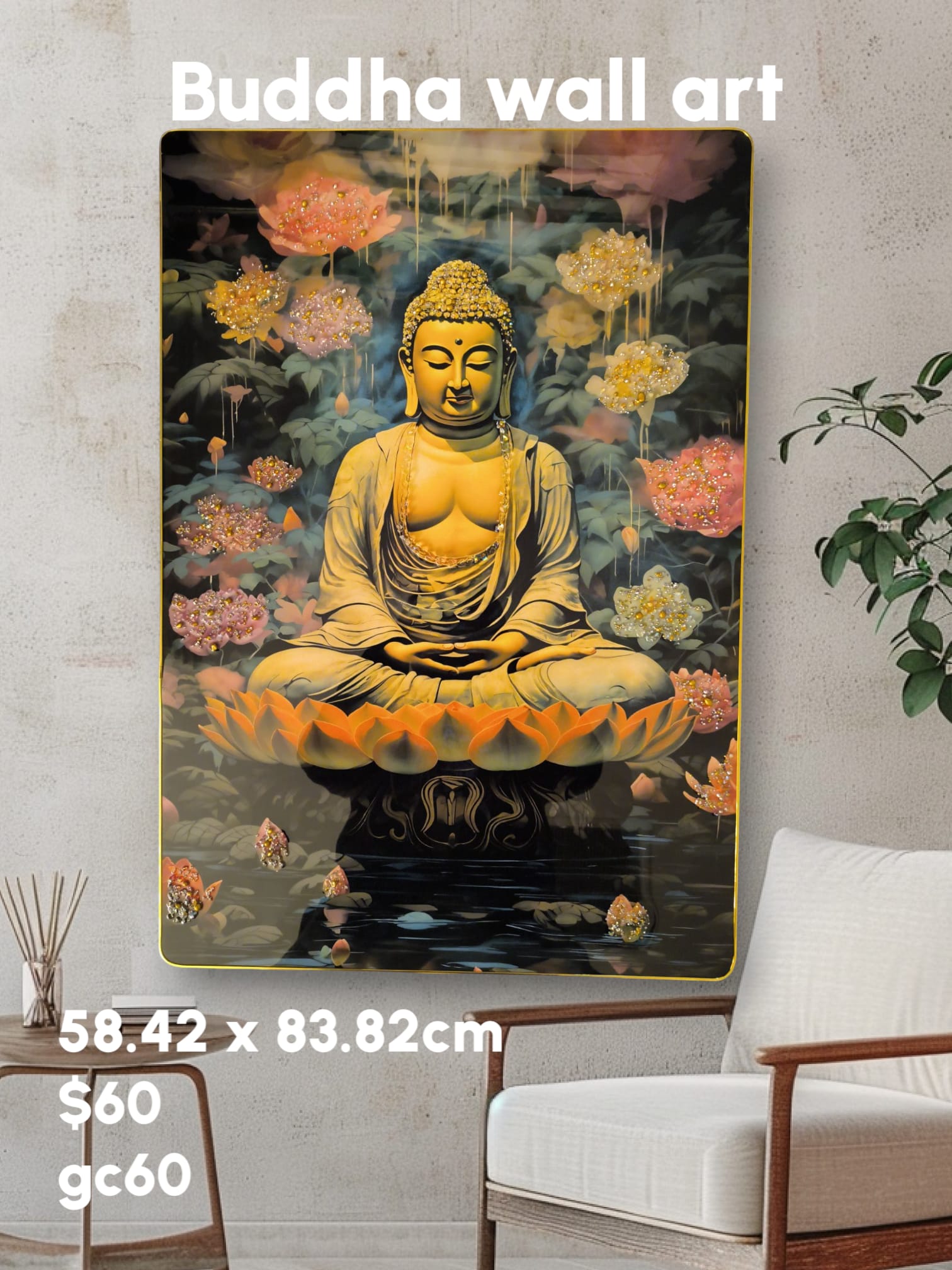 Buddha Wall Painting Crystal-Embedded Gold Slim Embossed Frame